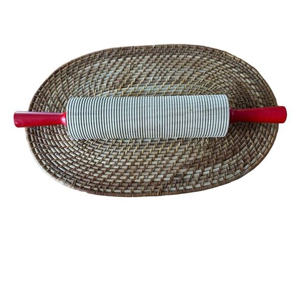 None Other - Lefse Wood Rolling Pin Grooved Corrugated Red Handle for Scandinavian Flatbread